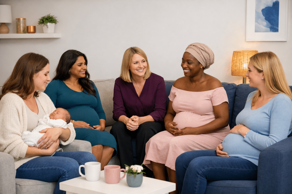 Photograph of expectant mothers sitting and chatting in a meeting with a Free to Fly volunteer.